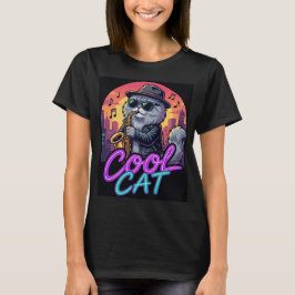 Camiseta Cool Cat Saxophone –Retro Neon 90s Jazz Cat Design