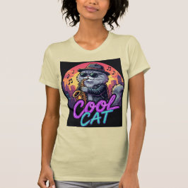 Camiseta Cool Cat Saxophone –Retro Neon 90s Jazz Cat Design