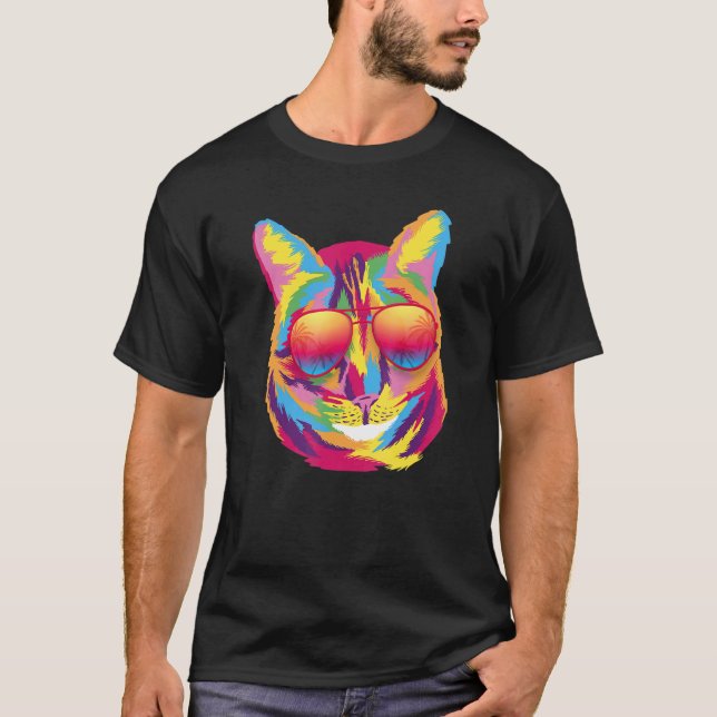 Camiseta Cool Colorful Cute Cat Sunglasses Tropical Palm Tr (Frente)