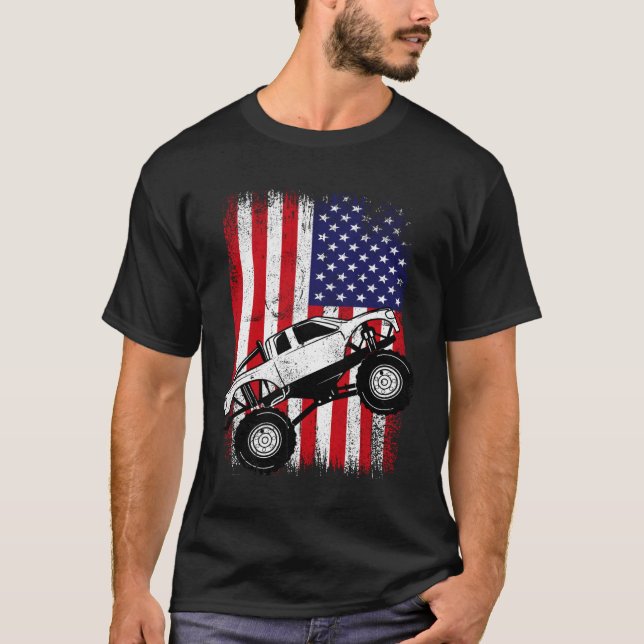 Camiseta Cool Monster Truck Kids Distressed USA American Fl (Frente)