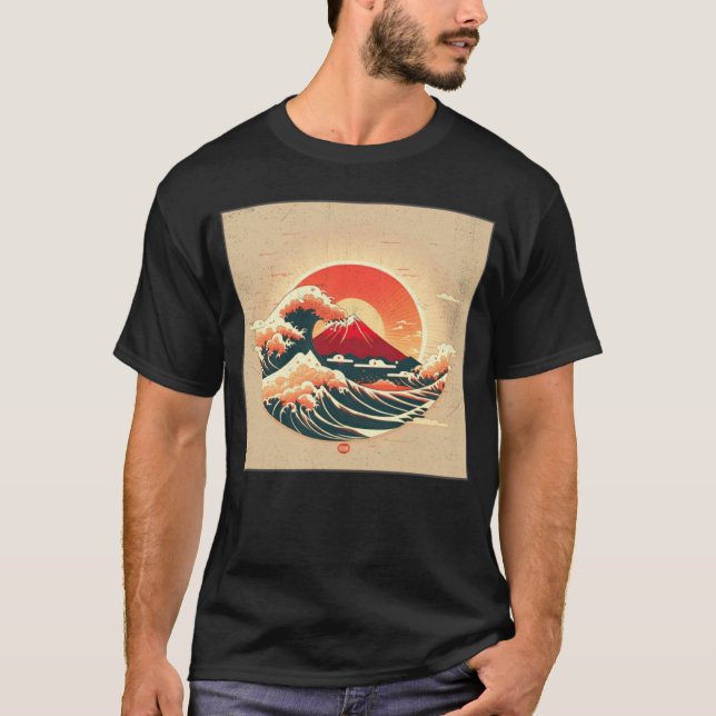 Camiseta Cool Mt Fuji Big Waves Illustration Sea Sunset Wom (Frente)