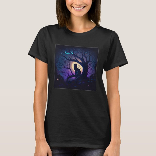 Camiseta Cool Night Cat Illustration Moon Tree Unique Women (Frente)