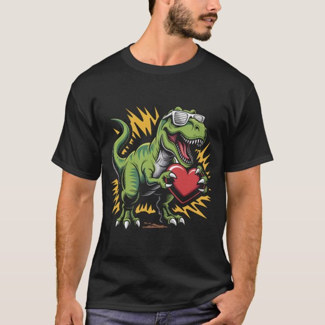 Camiseta Cool T-Rex Dinosaur Valentine's Day Heart Sunglass (Frente)