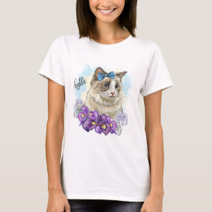 Camiseta Cópia de mão desenhando gato bonito engraçado com 