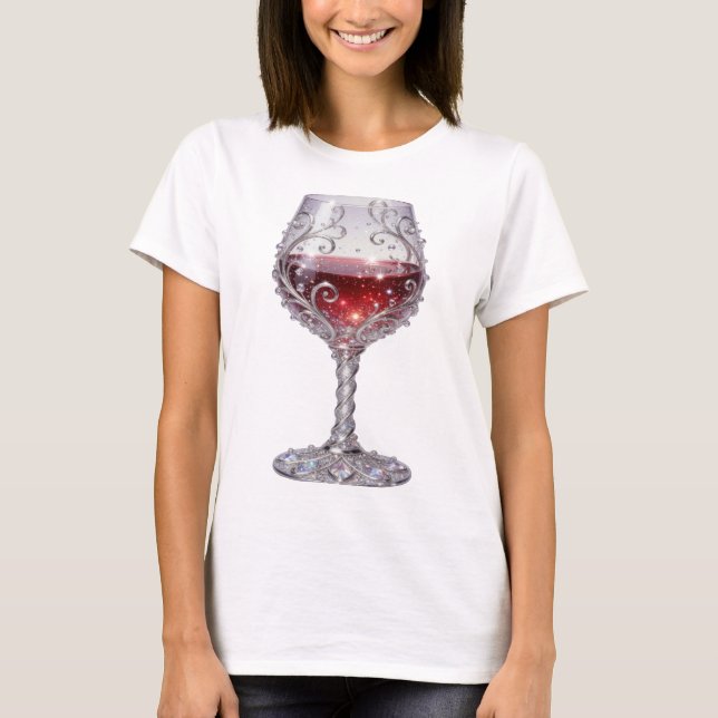 Camiseta Copo de vinho tinto prateado e elegante com arte d (Frente)