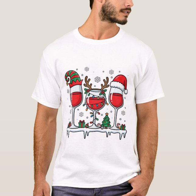 Camiseta Copos de Vinho Tinto de Natal Vetor de Férias (Frente)