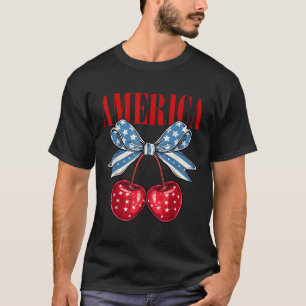 Camiseta Coquete Americana Laço de Cereja Patriótico Bandei