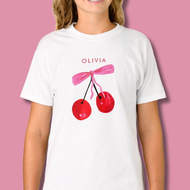 Camiseta Coquette Cereja & Laço (Coquette cherry and bow girly t-shirt. Personalize with your own name or initials.)
