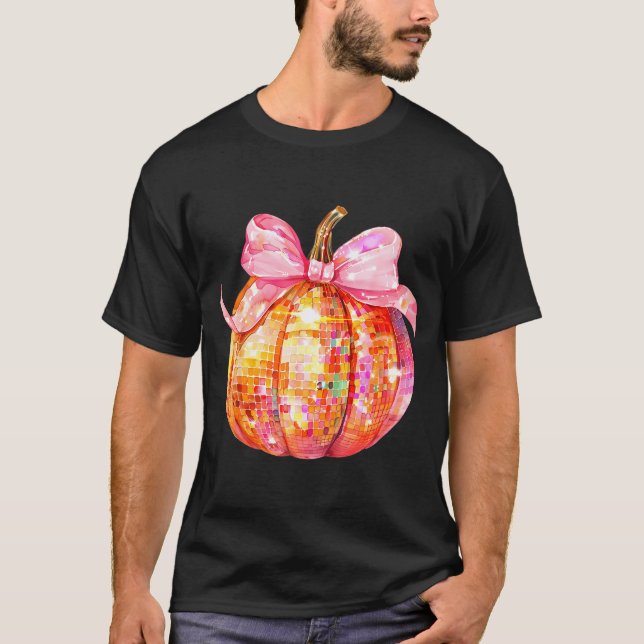 Camiseta Coquette Pumpkin Bow Disco Ball Cute Girly Hallowe (Frente)