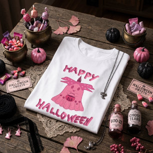 Camiseta Coquette Rosa Fantasma Feliz Halloween Arte Digita