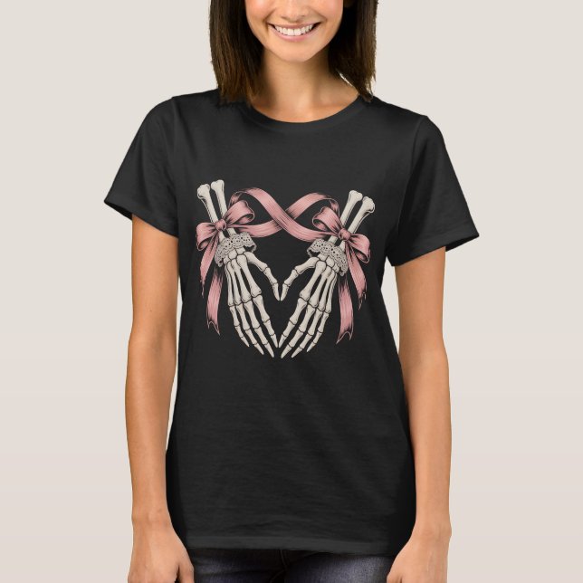 Camiseta Coquette Skeleton Hands Heart Pink Bows Pastel Got (Frente)