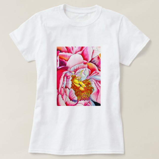 Camiseta Cor da água da flor da pénia rosa (Frente do Design)