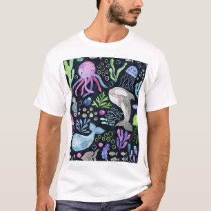 Camiseta Cor da água da vida do mar, fundo escuro.