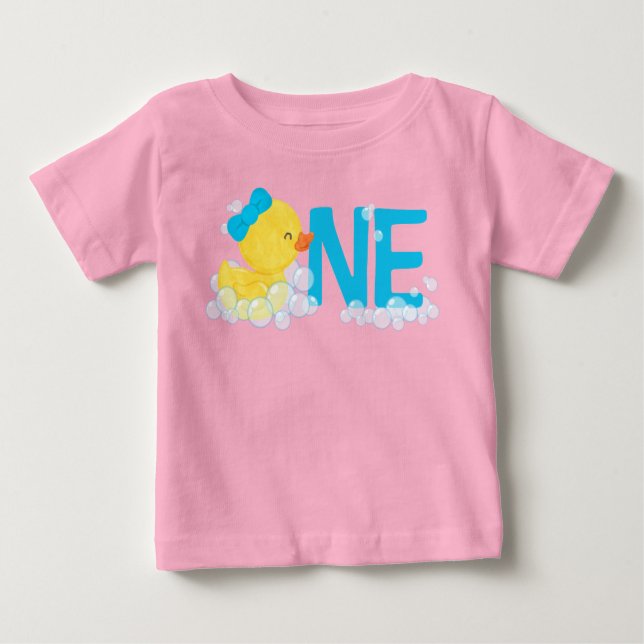 Camiseta Cor d'água rosa Borracha Pato Um primeiro aniversa (Frente)