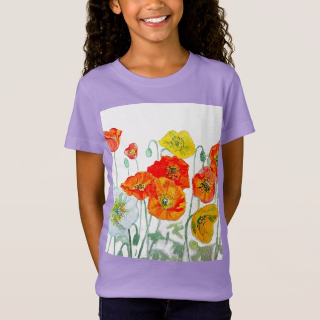 Camiseta Cor de Água do Padrão de Flor Vermelho Laranja (Frente)