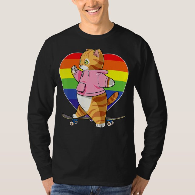 Camiseta Cor de laranja branca Tabby Cat Skateboarder Arco- (Frente)