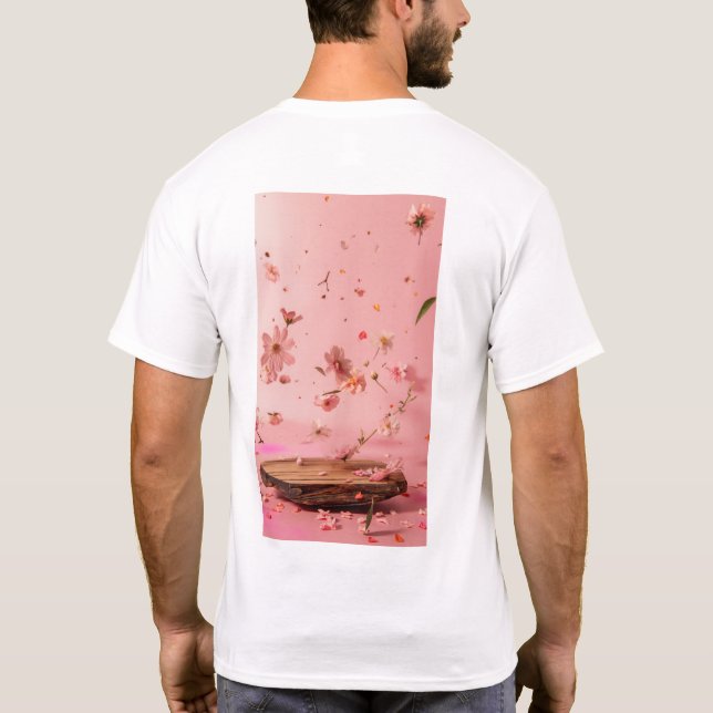 Camiseta cor-de-rosa de fundo de madeira floral (Verso)