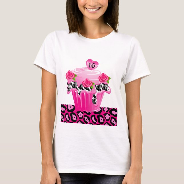 Camiseta Cor-de-rosa-leopardo Zebra-Cupcake, Rosa, doce 16 (Frente)