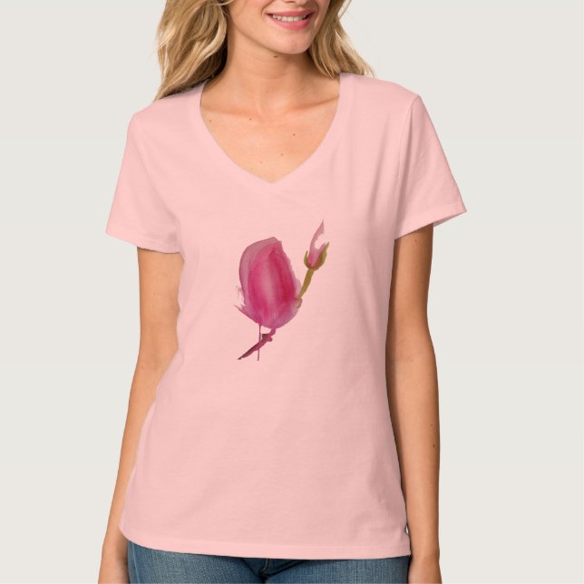 Camiseta Cor-de-rosa Magnolia, flor de aquarela (Frente)