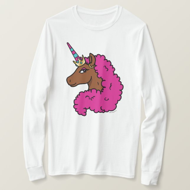 Camiseta Cor-de-rosa quente afro Unicorn (Frente do Design)
