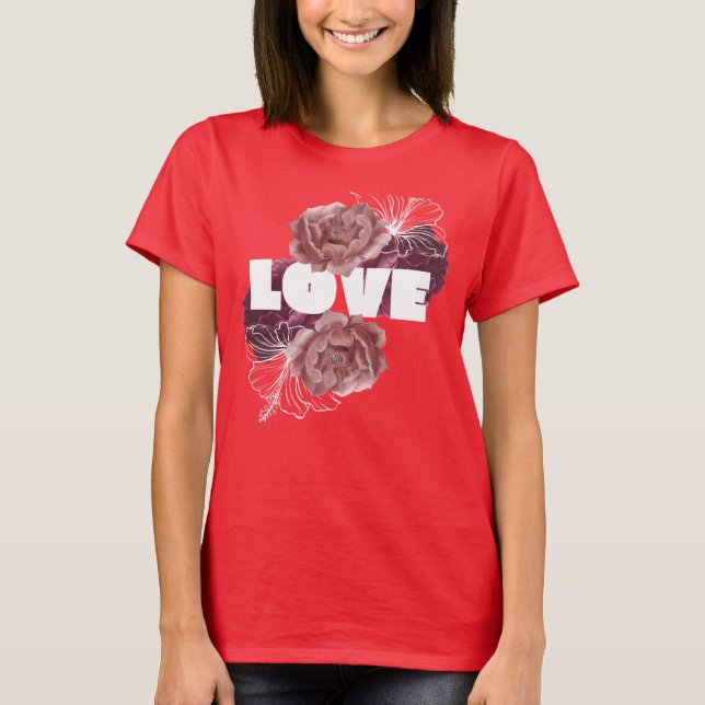 Camiseta cor vermelha profunda mulheres flor de am (Frente)