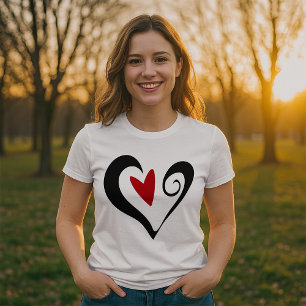 Camiseta Coração Abstrato Vermelho e Preto Moderno Romântic