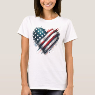 Camiseta Coração Americano Resiliente - Design de Bandeira 