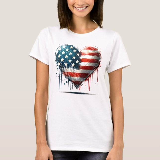 Camiseta Coração Americano Resiliente - Design de Bandeira  (Frente)