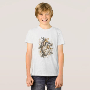 Camiseta coração anatômico floral fofo dourado e cinza