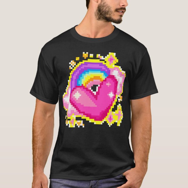 Camiseta Coração Arco-Íris de Pixel 8-Bit (Frente)