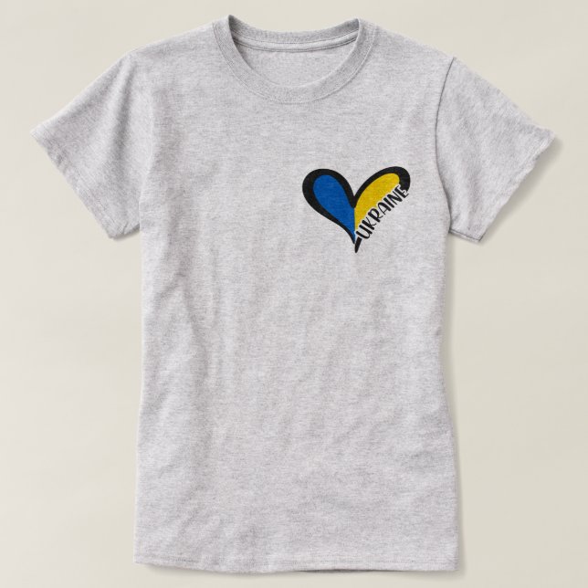 Camiseta Coração azul e amarelo com inscrição Ucrânia (Frente do Design)