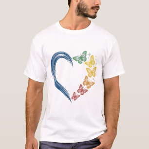 Camiseta Coração Borboleta Arco-íris Desenho de Gravura Vin