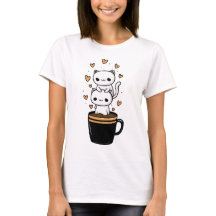 Camiseta Coração Caneca de Café Gato Kawaii Fofa