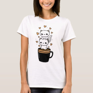 Camiseta Coração Caneca de Café Gato Kawaii Fofa