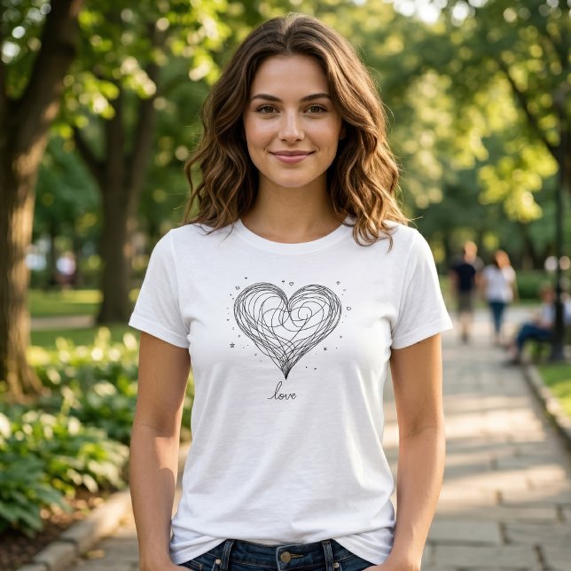 Camiseta Coração com Desenho de Amor em Linha Caprichosa (Whimsical Line Art Heart with Love Design. Women Basic White T-Shirt)