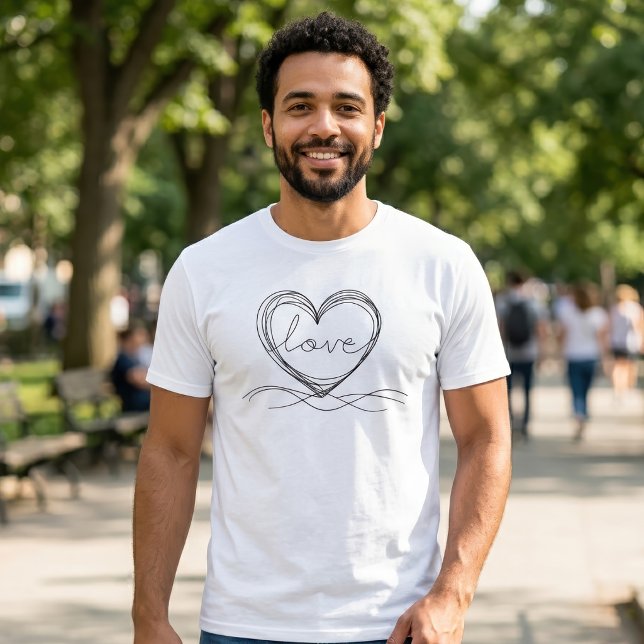 Camiseta Coração com design de arte de linha contínua Amor (Heart with Love Continuous Line Art Design. Men Basic White T-Shirt)