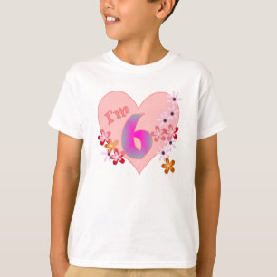 Camiseta Coração cor-de-rosa e flores do 6o aniversário 