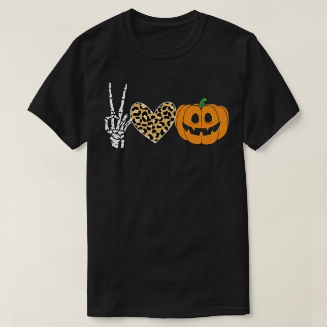 Camiseta Coração da Paz Cai Pumpkin Halloween Leopard (Frente do Design)