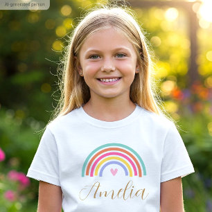 Camiseta Coração de Amor Arco-íris Fofo Nome Personalizado