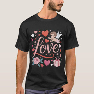 Camiseta Coração de Amor Cupido Arte Fofo Querubim e Rosa d
