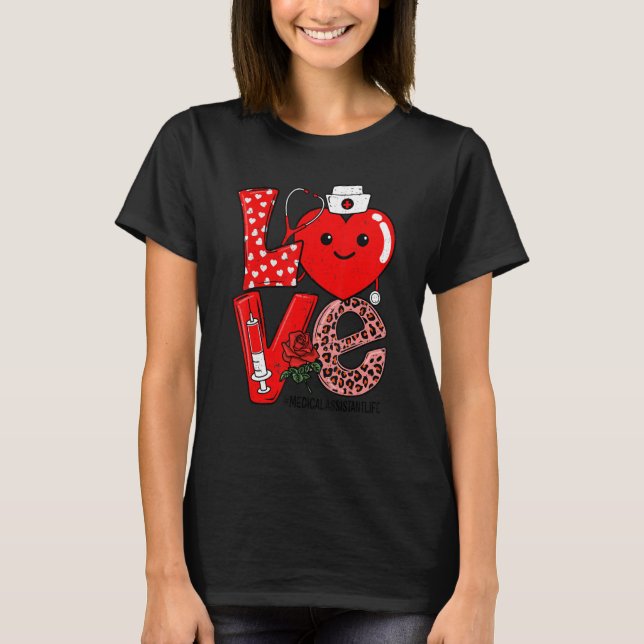 Camiseta Coração de Amor Estetoscópio Assistente Médico Vid (Frente)