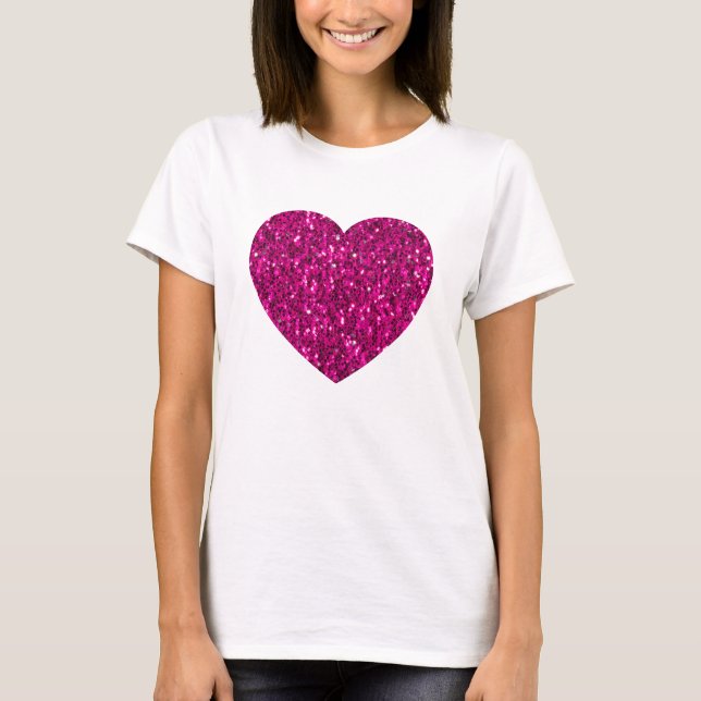 Camiseta Coração de brilho falso rosa quente (Frente)