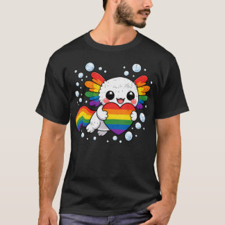 Camiseta Coração de Chuva de Cores Axolote Fofo Orgulho Gay