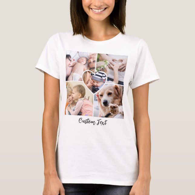 Camiseta Coração de Colagem de Fotos da Família com Texto P (Frente)