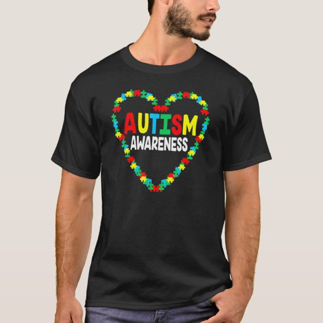 Camiseta Coração de Conscientização do Autismo Peça de Puzz (Frente)