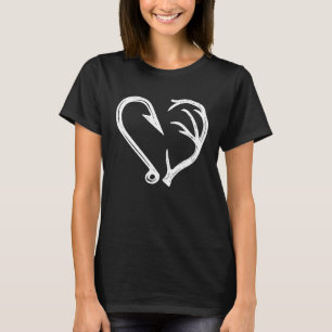 Camiseta Coração de Gancho de Chifre Amor Pesca Caça Peixe