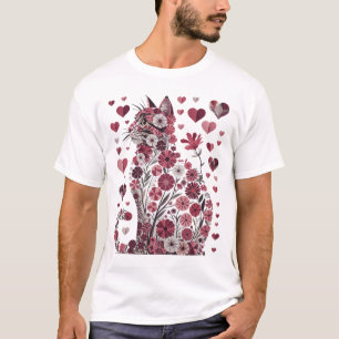 Camiseta Coração de Gato Floral Estética Romântica Arte do