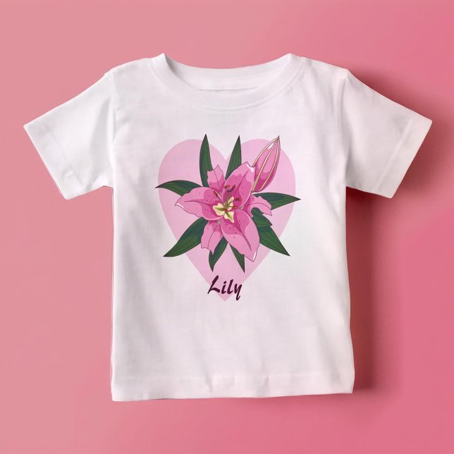 Camiseta Coração de Lírio Cor-de-Rosa  (Pink Lily Heart Baby T-Shirt)