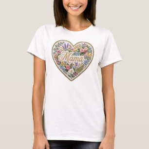 Camiseta Coração de Mãe com Bordado Floral Falso