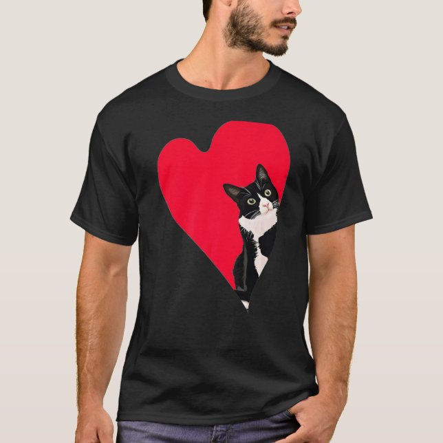 Camiseta Coração De Namorados De Gato De Tuxedo Bonito Para (Frente)